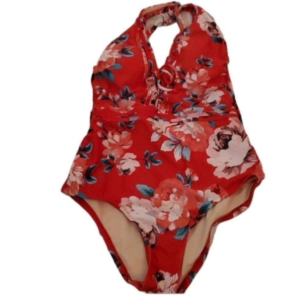 Kona Sol Swimsuit Small Red Floral Full Piece One Piece